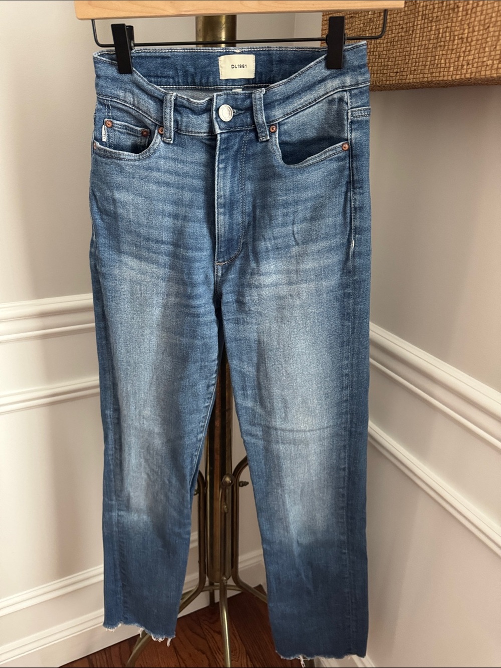 DL1961 Medium Blue Straight-Leg Jeans with Raw Hem